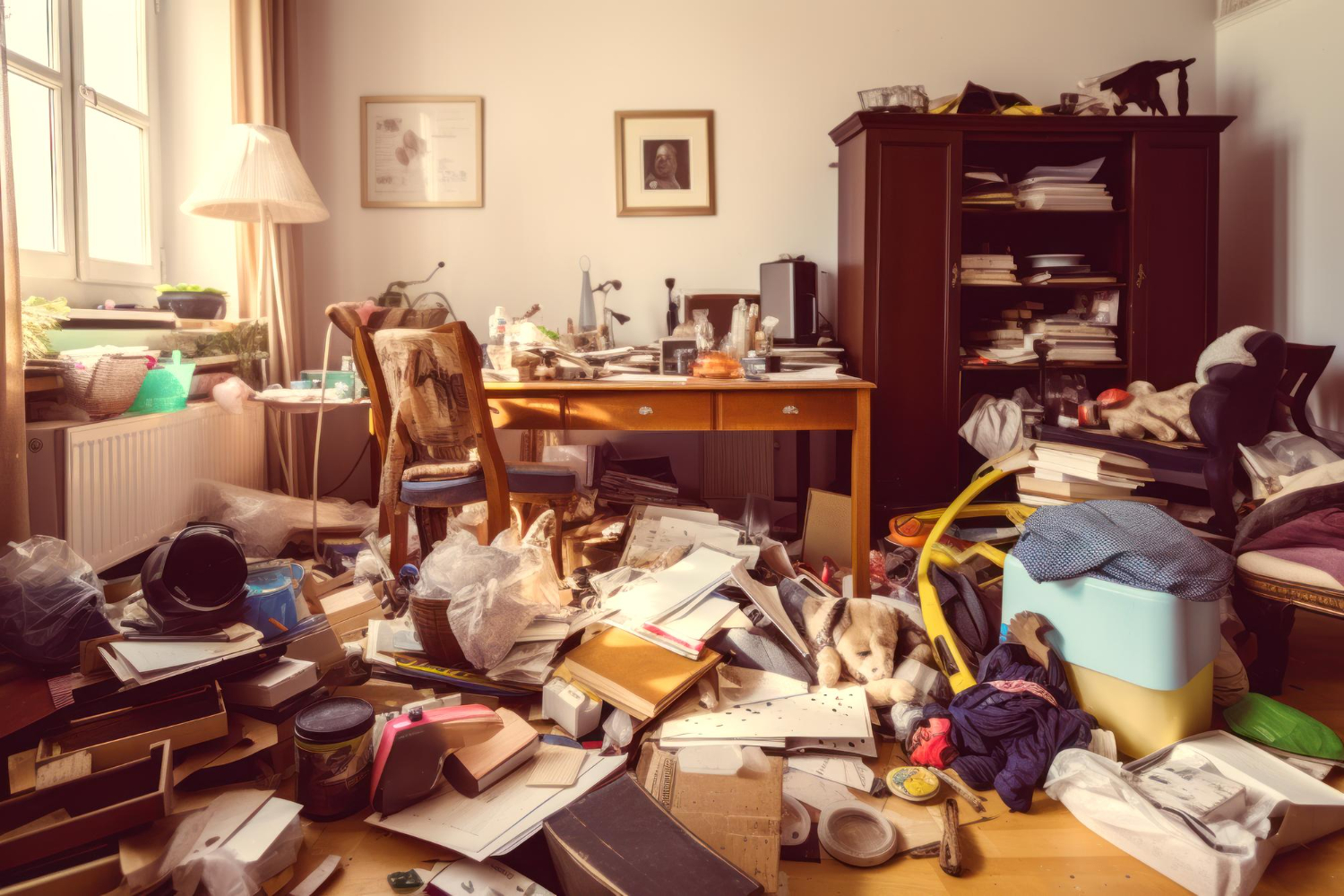 messy living room with messy desk lot clutter floor generative ai